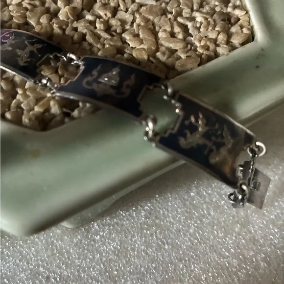 Antique Black Enamel Siam Sterling Panel Bracelet with Asian Motif - Picture 2 of 7